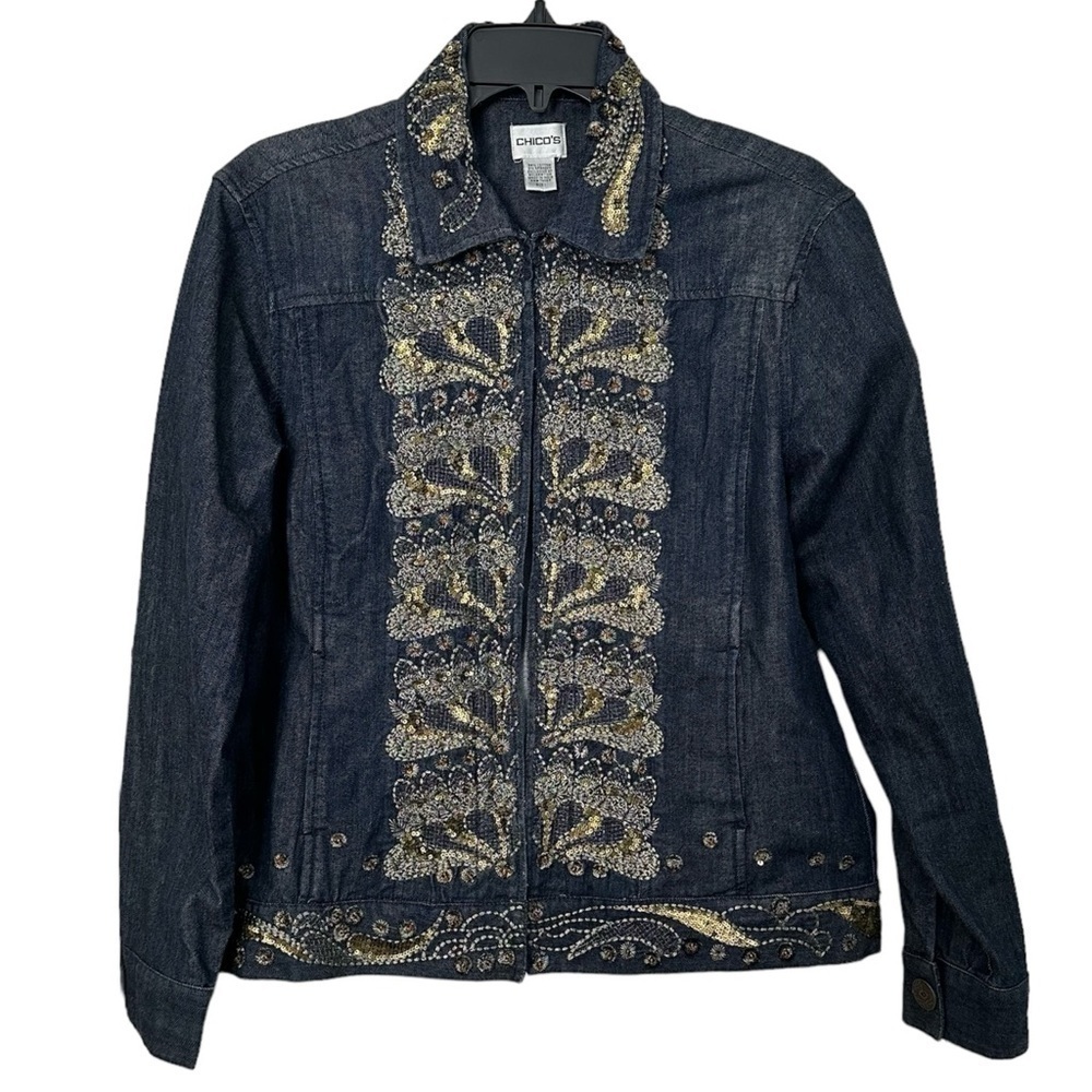 Chico’s Jean Jacket Gold Embroidery Hidden Front Pockets Glamour Chic Size 8/10